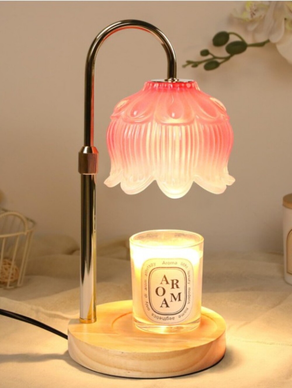 Pink Flower Glass Shade Aroma Lamp with Wooden Base